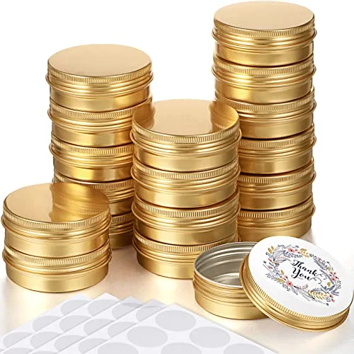 120 Pcs Gold 2 oz Metal Round Tins Salve Tins with Screw Lid Metal Jars Cans Containers 20 Sheets Stickers for Wedding Party Gift Candle Making DIY Salve Spice Candies Balms
