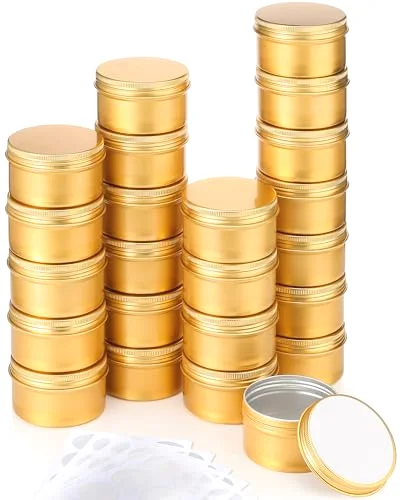 Gold Aluminum Tin Cans 24 Pcs 4 oz Round Metal Tin Jar Containers Refillable Aluminum Storage Cans with Screw Lid and 10 Sheets Label Sticker for Salve Spice Candy Candle
