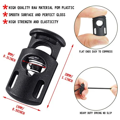 50 Pieces Cord Locks Spring Toggles Stoppers Plastic Single Hole End Stopper Slider and 1/8 Inch 66 Feet Elastic Bungee Cord for Drawstring Shoelaces Clothing Bags view 2