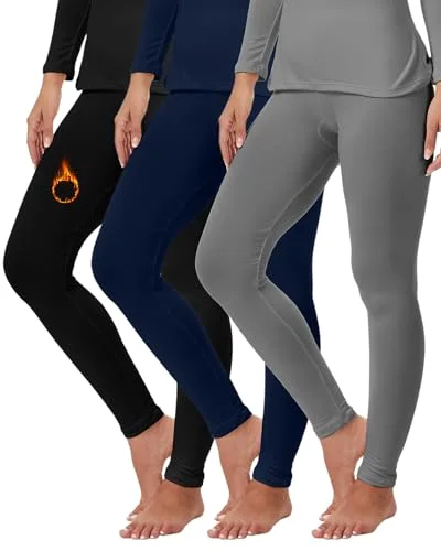 3 Pack Women Fleece Lined Leggings Thermal Winter Tights Low Waisted Thick Underwear Bottom Warm Base Layer Pants