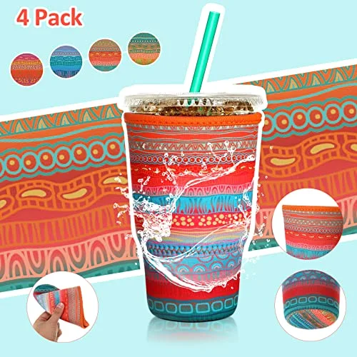 4 Pack Reusable Iced Coffee Insulator Sleeve, Neoprene Coffee Cup Holder for Iced Hot Drinks, Beverage Holder for Most Drinks view 4