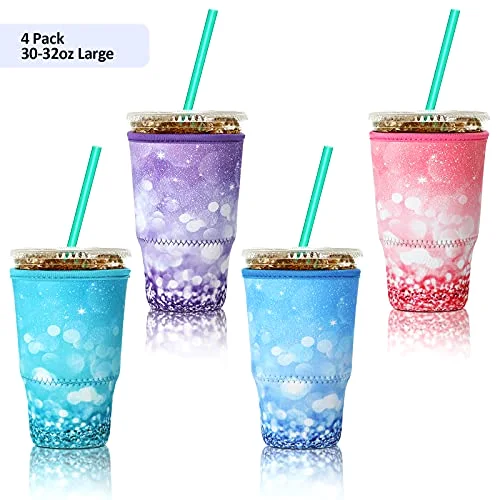 4 Pack Reusable Iced Coffee Insulator Sleeve, Neoprene Coffee Cup Holder for Iced Hot Drinks, Beverage Holder for Most Drinks view 2