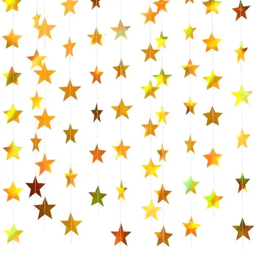 130 ft Star Garland Banner Decor,Iridescent Gold
