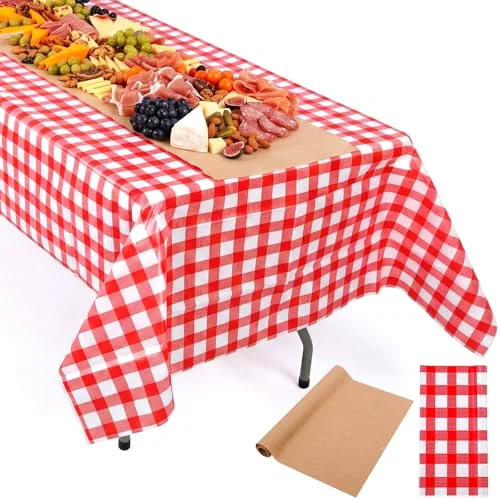 2 Pcs Crawfish Boil Party Table Cover Set Crawfish Party Checkered Tablecloth 54x108 in & Kraft Paper Roll 15 in x 5 ft, Seafood Boil Table Setup, Disposable Picnic Backyard Supplies