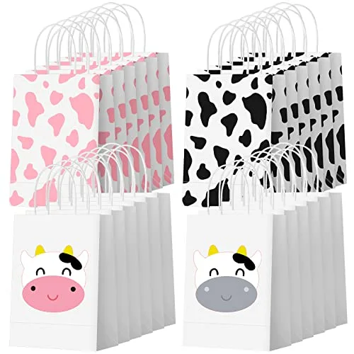 Cow Print Gift Bags with Handles, 24 Pcs Party Favor Treat Bags for Kids Birthday, Farm Barnyard Cowgirl Western Gift Wrap Bag, Pink/Black