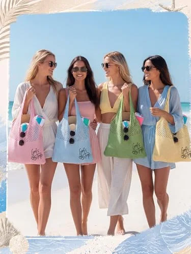 6 Pcs Girls Trip Gifts Embroidered Beach Mesh Tote Bags for Women Summer Beach Mesh Tote Girls Weekend Trip Favors view 2