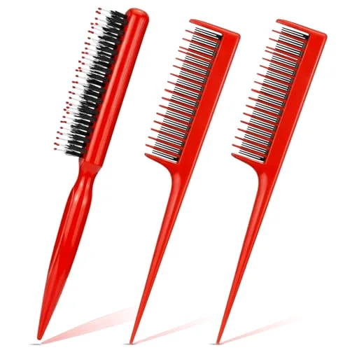 3 Pcs Hair Teasing Combs Boar Bristle Brush Triple Tooth,Red