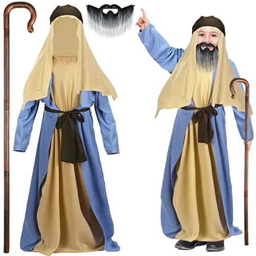 6 Pcs Child Shepherd Costume Kids Child Costume with Robe Lining Scarf Sash Cane Beard for Easter Cosplay