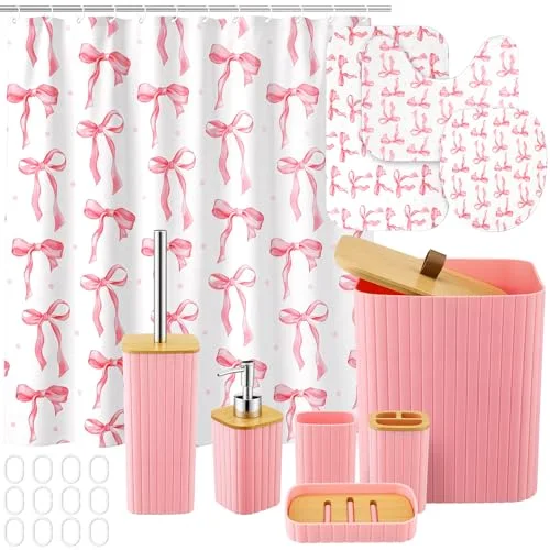 10 Pcs Pink Bow Bathroom Accessories Set Cute Coquette Shower Curtain and Rugs Aesthetic Girly Bow Farmhouse Bathroom Decor Trash Can Soap Dish Toilet Lid Cover Toothbrush Holder Cup for Home