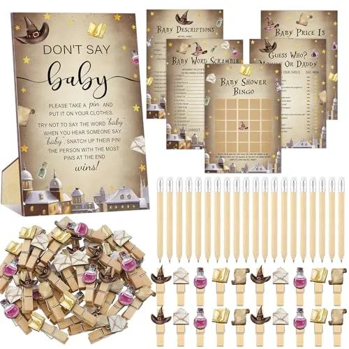 321 Pcs Magical Wizard Baby Shower Games Supplies, 5 Sets (50 Cards Each) Activities Cards with 20 Pencils 1 Don't Say Baby Sign 50 Clothespin