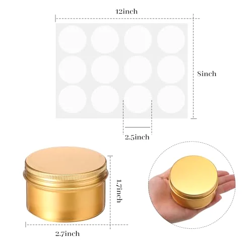 Gold Aluminum Tin Cans 24 Pcs 4 oz Round Metal Tin Jar Containers Refillable Aluminum Storage Cans with Screw Lid and 10 Sheets Label Sticker for Salve Spice Candy Candle view 2