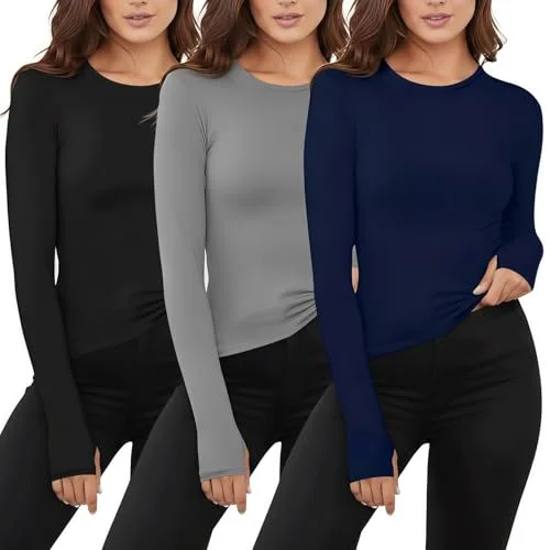 3 Pack Women Thermal Shirts Long Sleeve Fleece Lined Undershirts Soft Crew Neck Base Layer Top Underwear Cold Weather