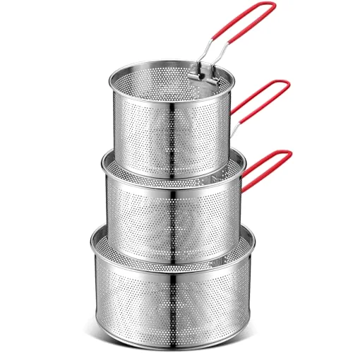 3 Pcs Pasta Strainer 5.5" 6.3" 7.1" Metal Noodle Strainer with Long Removable Handle 304 Stainless Steel Deep Fryer Basket Pasta Noodle Basket Kitchen Colander for Washing Frying Boiling