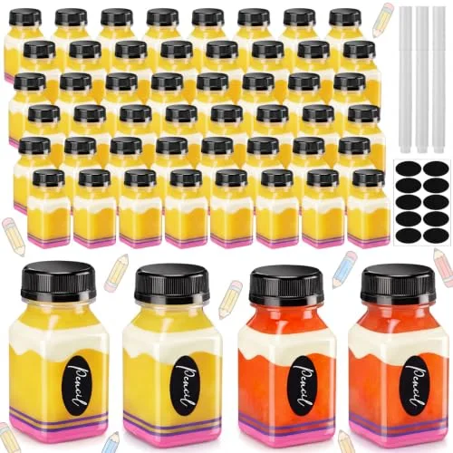 50 Pcs Back to School Juice Bottles with Cap, 4 oz Pencil Plastic Juice Bottles with Label, Mini Reusable Containers with Caps for Juices Beverage First Day of School Gift Party Supplies