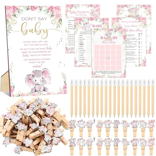 321 Pcs Elephant Themed Baby Shower Decorations It's a Girl Pink Baby Shower Games 5 Set for Pink Elephant Theme Gender Reveal Girls Birthday Party Decorations Supplies