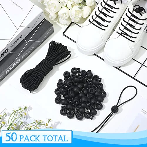 50 Pieces Cord Locks Spring Toggles Stoppers Plastic Single Hole End Stopper Slider and 1/8 Inch 66 Feet Elastic Bungee Cord for Drawstring Shoelaces Clothing Bags view 2