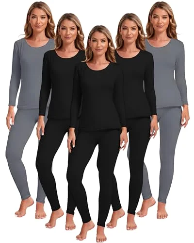 5 Set Women Thermal Underwear Sets Fleece Lined Thermal Underwear Winter Warm Base Layer Top and Bottom