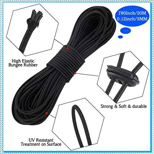 50 Pieces Cord Locks Spring Toggles Stoppers Plastic Single Hole End Stopper Slider and 1/8 Inch 66 Feet Elastic Bungee Cord for Drawstring Shoelaces Clothing Bags view 3