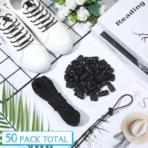 50 Pieces Cord Locks Spring Toggles Stoppers Plastic Single Hole End Stopper Slider and 1/8 Inch 66 Feet Elastic Bungee Cord for Drawstring Shoelaces Clothing Bags view 2