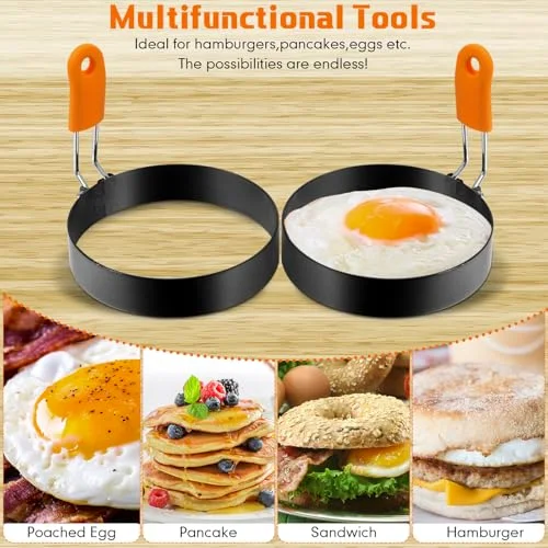 6 Pcs Egg Ring Pancake Ring Set Stainless Steel Fried Egg Molds Griddle Pancake Shapers with Silicone Handle for Breakfast Omelette Sandwich view 2