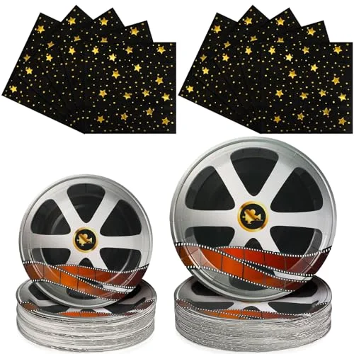 100 Pcs Movie Night Theme Party Supplies - Serves 50, Plates and Napkins Sets - Tableware Kit