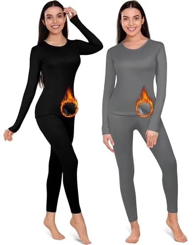 2 Set Thermal Underwear Warm Fleece Lined Leggings and Womens Thermal Tops Base Layer