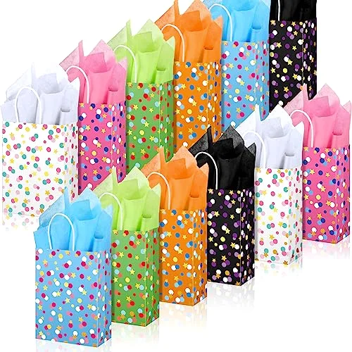 30 Pieces Dots Stars Theme Bags with Tissue Papers and Handles Colorful Kraft Party Favor Bags for Birthday Wedding Baby Shower Polka Dot Party Present Packing Supplies, 6 Styles