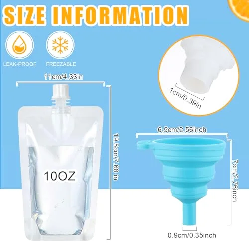 300 Pieces Plastic Liquid Pouch Reusable Juice Pouches Travel Water Leak Proof Bags Bulk with Collapsible Silicone Funnel for Travel Outdoor view 4