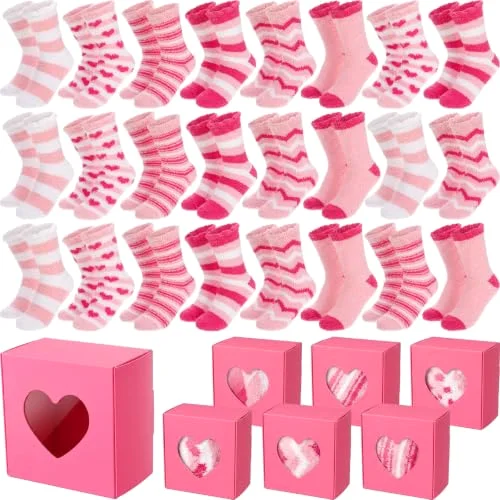 Fuzzy Socks Bulk Gift Set 24 Pack with Pink Present Boxes for Women