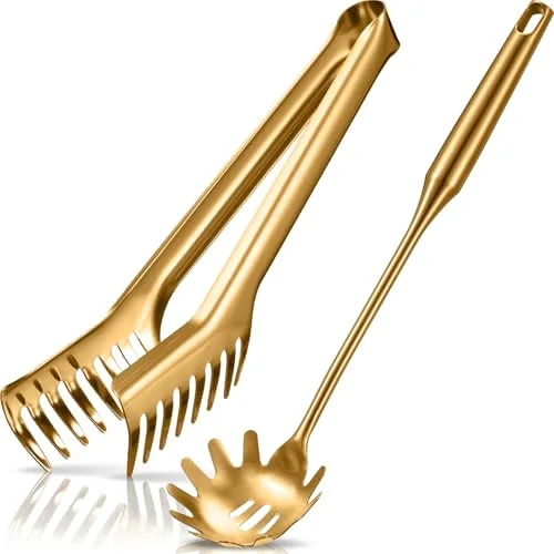 Stainless Steel Spaghetti Spoon and Pasta Tongs Set, Long Handle Noodle Server Tools with Drain Holes, Non-slip Grip for Cooking, Serving Pasta and Noodles