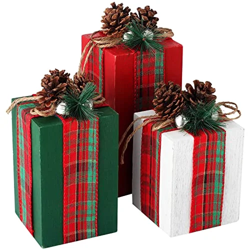 3 Pcs Christmas Table Centerpieces Christmas Table Decor Faux Presents Wooden Blocks Oversized Rustic Decorations with Buffalo Plaid Bowknot for Holiday Xmas Tree Indoor Outdoor Decor