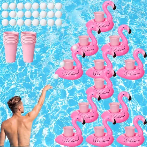 12 Sets Flamingo Pool Toss Games Toys, Include 12 Inflatable Flamingo Cup Holders 24 Pink 7 oz Plastic Cups 24 EVA Balls, Water Toss Float Toys for Summer Beach Swimming Pool Party Favors