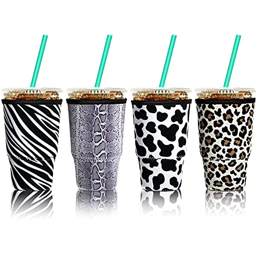 4 Pack Reusable Iced Coffee Insulator Sleeve, Neoprene Coffee Cup Holder for Iced Hot Drinks, Beverage Holder for Most Drinks