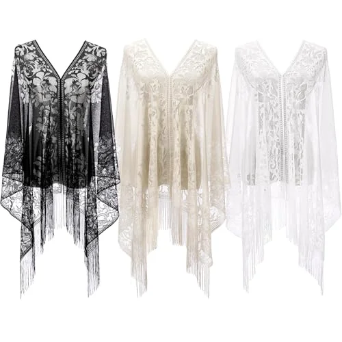 3 Pcs Lace Shawls and Wraps for Evening Dresses Scarfs Women Fringe Scarf for 1920s Party Wedding Costume