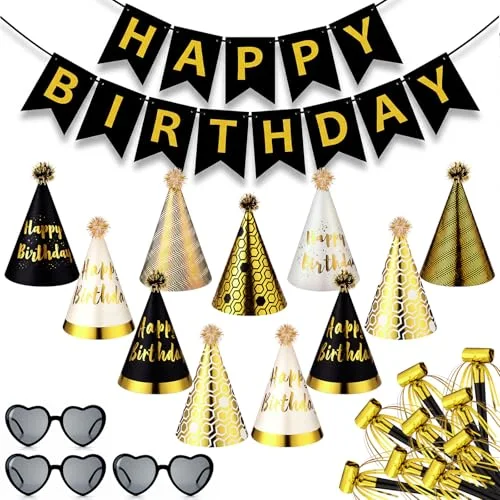 25 Pcs Black and Gold Birthday Party Set: 1 black and gold Banner, 3 Glasses, 10 Whistles, 11 Cone Hats for Birthday Party Decoration
