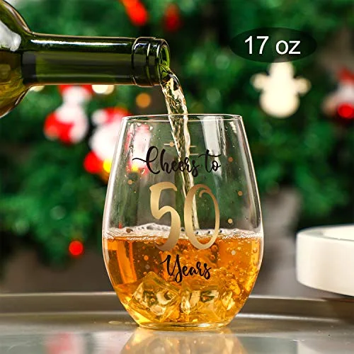 50th Birthday Wine Glass to 50 Years 50th Birthday Gifts for Women and Men Fabulous Gold Stemless Wine Glass Present Party Wedding Anniversary Party Decorations, 17 oz Stemless view 2
