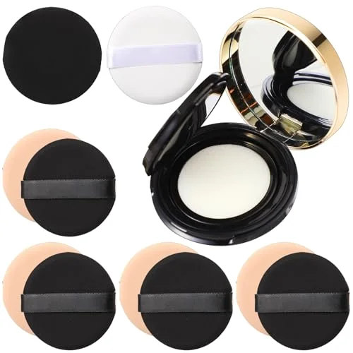 7 Pcs 0.5oz Black Empty Cushion Foundation Makeup Sponge Holder with Sponge Puff and Mirror, Portable Make-up Powder Puff Container with Extra Sponges, Refillable Foundation Bb Cream Box