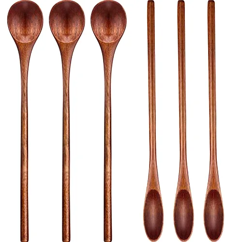 6 Pieces Wooden Coffee Spoons Long Handle Mixing Wooden Spoon Handmade Stirring Teaspoon for Kitchen Stirring