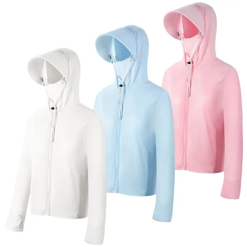 3pcs Women's Sun Protection Hoodie Clothing UPF 50+ Jacket with Face Mask Lightweight Full Zip up Long Sleeve Sun Shirt Hiking Running Outdoor Cool UV Block White Pink Blue