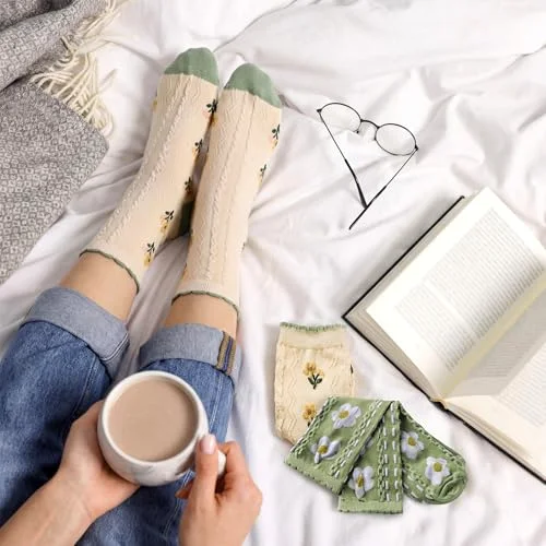 9 Pairs Cute Floral Socks Women Bow Ankle Crew Socks with Ruffle Tulip Flower Cottagecore Frilly Cotton Knitted Gifts view 3