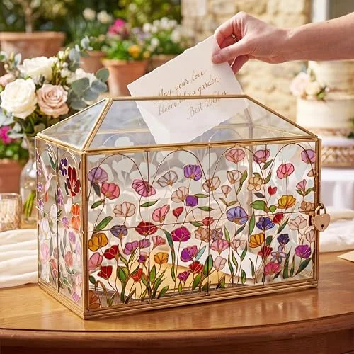 Hand Painted Floral Stained 12.6 Inch Large Wedding Glass Card Box