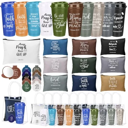 80 Pcs 20 Sets Christian Gift Bulk for Women Scripture 16oz Bible Verse Tumblers Makeup Bag Compact Mirror Gift Bag for Volunteer Ministry Religious Church Party Favors