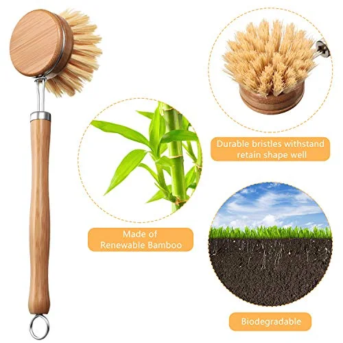 8 Pieces Dish Brush with Wood Handle, Natural Dish Scrubber Brush Set Includes 7 Replacement Bristle Heads & 1 Bamboo Handle for Dishes, Pans, Pot, Fruit and Veggie view 3