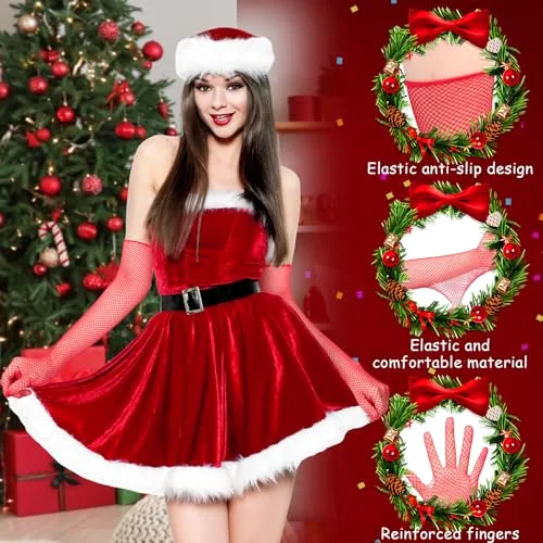 2 Pairs Fishnet Thigh High Stockings Gloves Set, Red Mesh Bow view 2