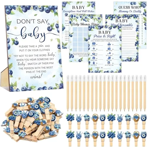 321 Pcs Blueberry Baby Shower Game Decorations Blue Berry Sweet Baby Shower Party Supplies 5 Games Include Don't Say Bingo Search Description The Price for Fruit Gender Reveal Birthday Decor