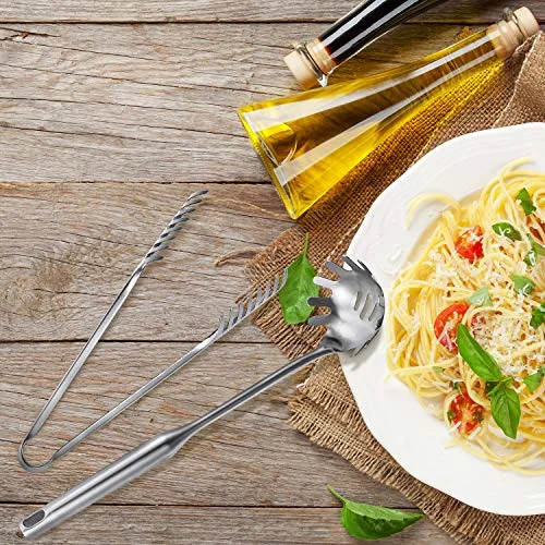 Stainless Steel Spaghetti Spoon and Pasta Tongs Set, Long Handle Noodle Server Tools with Drain Holes, Non-slip Grip for Cooking, Serving Pasta and Noodles view 3