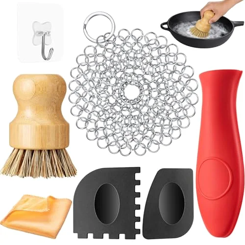 7 Pcs Cast Iron Cleaning Kit,Chainmail Scrubber Brush