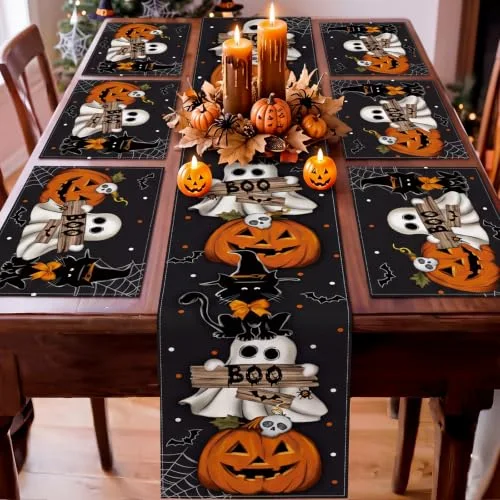 7 Pcs Halloween Table Runner and Placemats Set Boo Black Cat Ghost Pumpkin Table Runner Halloween Placemats for Holiday Kitchen Dining Room Decor Party Wedding Decoration