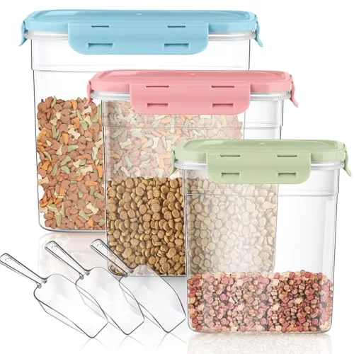 6 Pcs Dog and Cat Food Storage Containers with Scoops Set Plastic Pet Food Storage Containers Stackable Airtight Dry for Kitchen 1.27, 2.4, 4 Qt