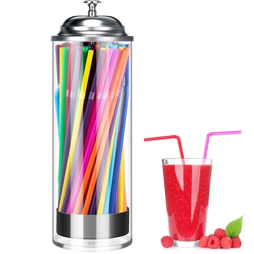 Straw Holder Dispenser and 100 Pcs Straws Plastic Drinking Straw Organizer Container with Lid for Counter Party Transparent Straws Dispenser